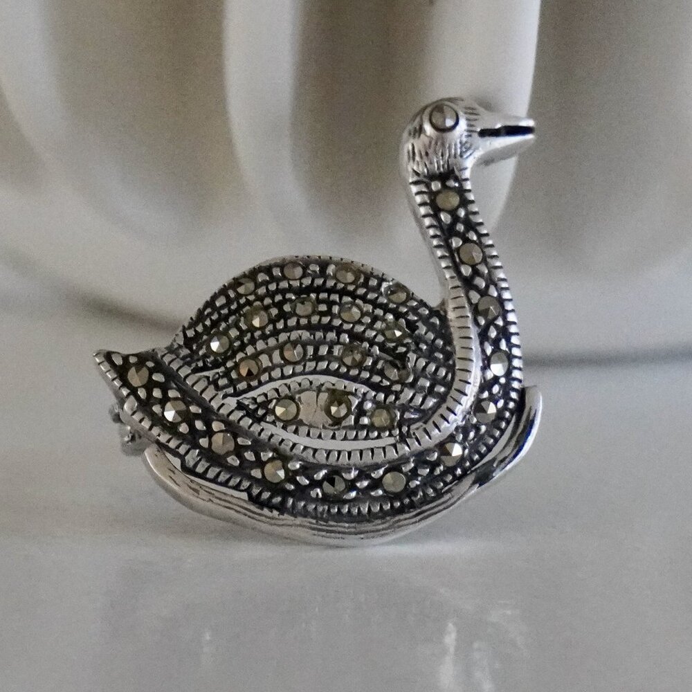 Sterling Silver Marcasite Swan Brooch - Art Deco Revival Style Pin